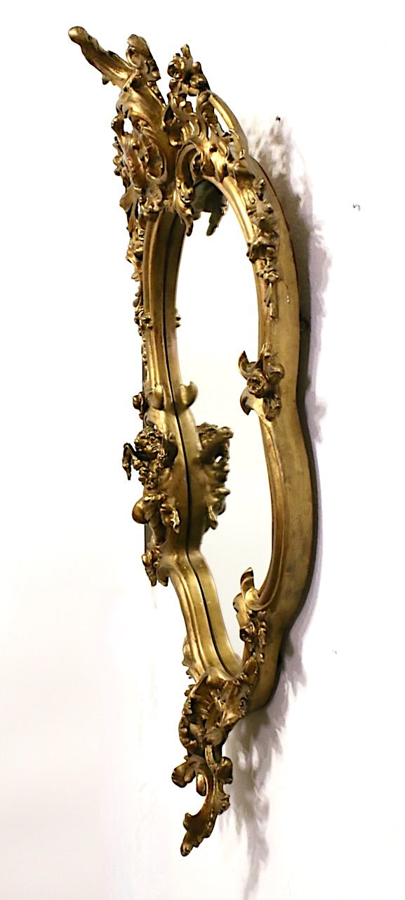 Antique 19th Century European Gilt Framed Rococo Wall Mirror With Cherubs 50"