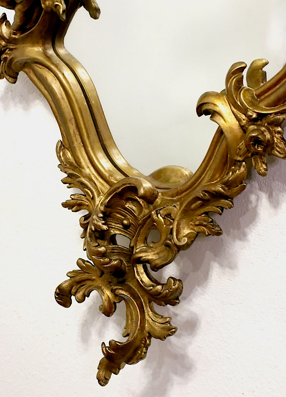 Antique 19th Century European Gilt Framed Rococo Wall Mirror With Cherubs 50"