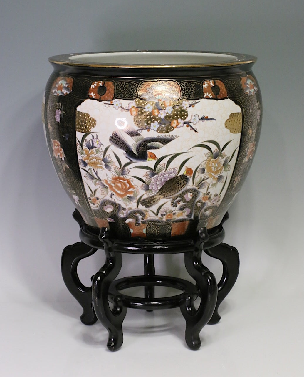 Large Chinese Black, White & Gold Porcelain "Fish Bowl" Planter with Gilt Work, Birds, & Matching Stand