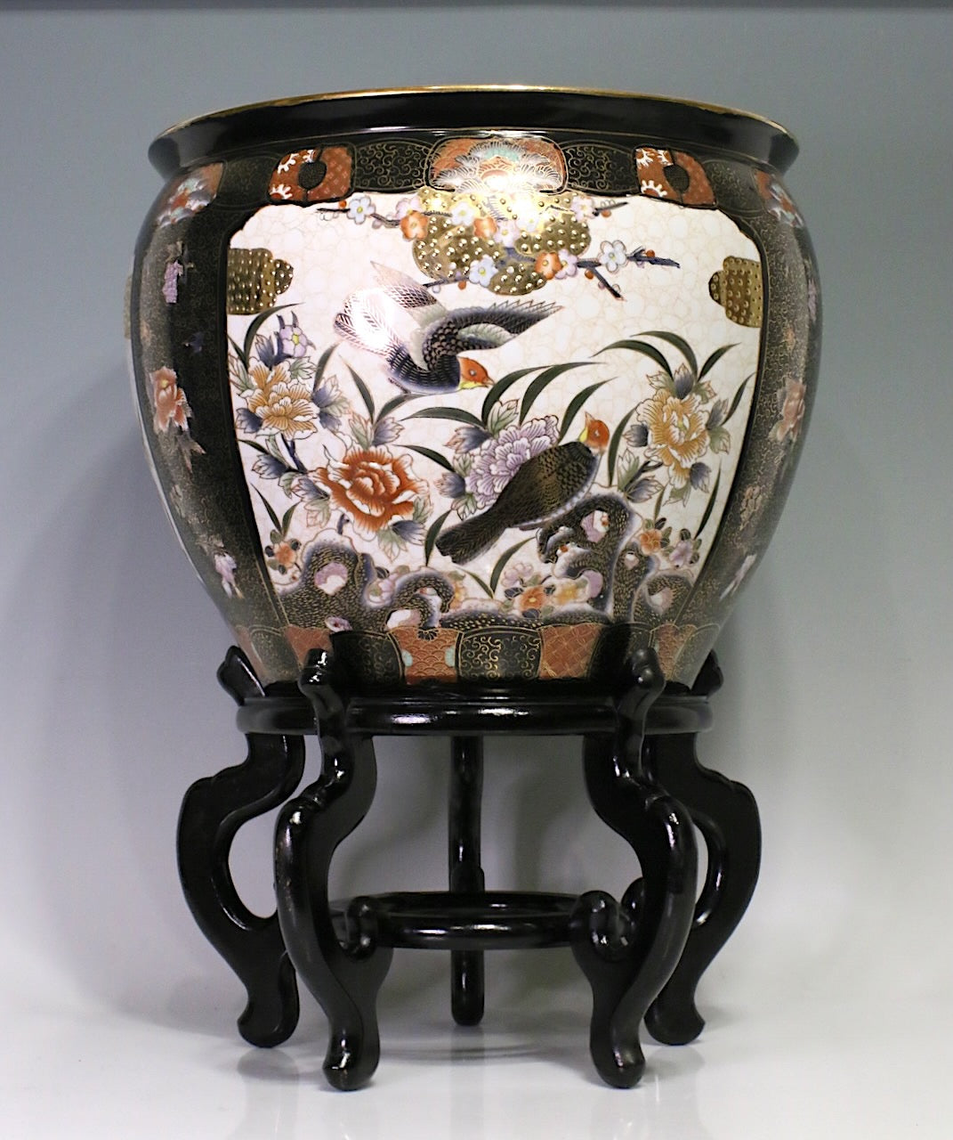 Large Chinese Black, White & Gold Porcelain "Fish Bowl" Planter with Gilt Work, Birds, & Matching Stand