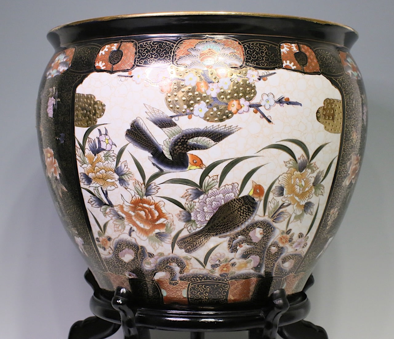 Large Chinese Black, White & Gold Porcelain "Fish Bowl" Planter with Gilt Work, Birds, & Matching Stand