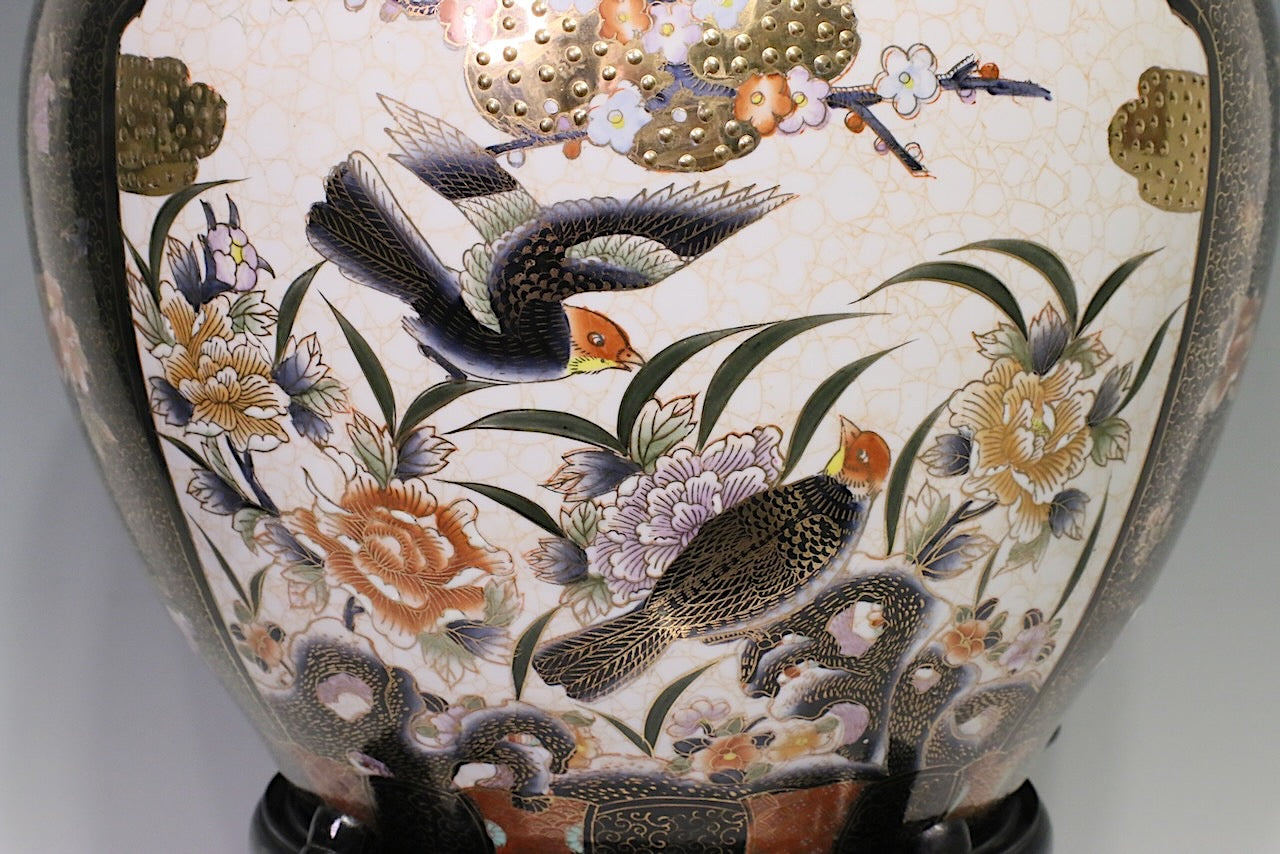 Large Chinese Black, White & Gold Porcelain "Fish Bowl" Planter with Gilt Work, Birds, & Matching Stand