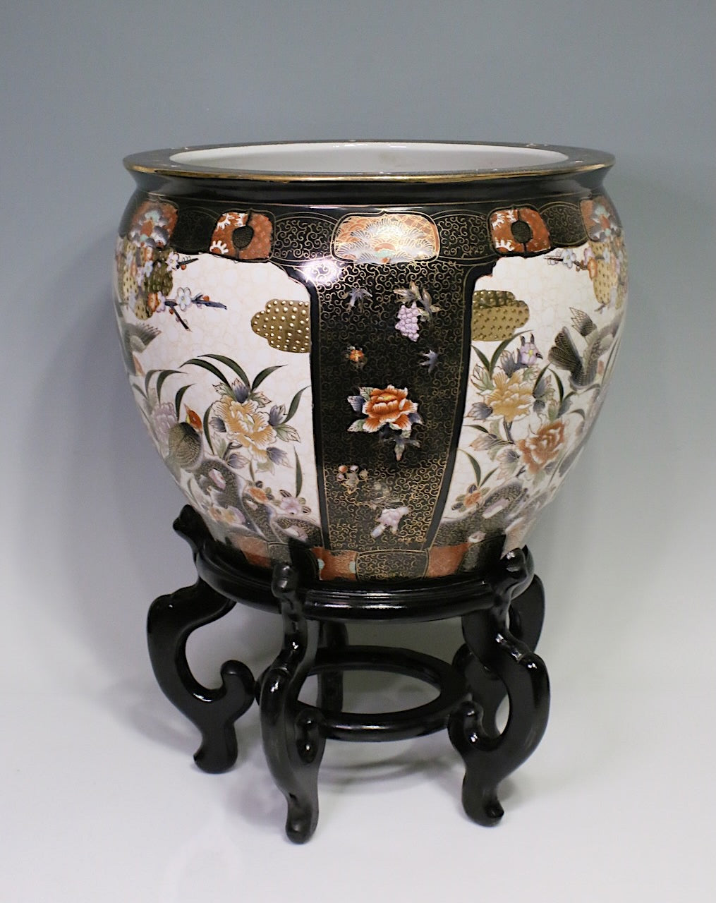 Large Chinese Black, White & Gold Porcelain "Fish Bowl" Planter with Gilt Work, Birds, & Matching Stand