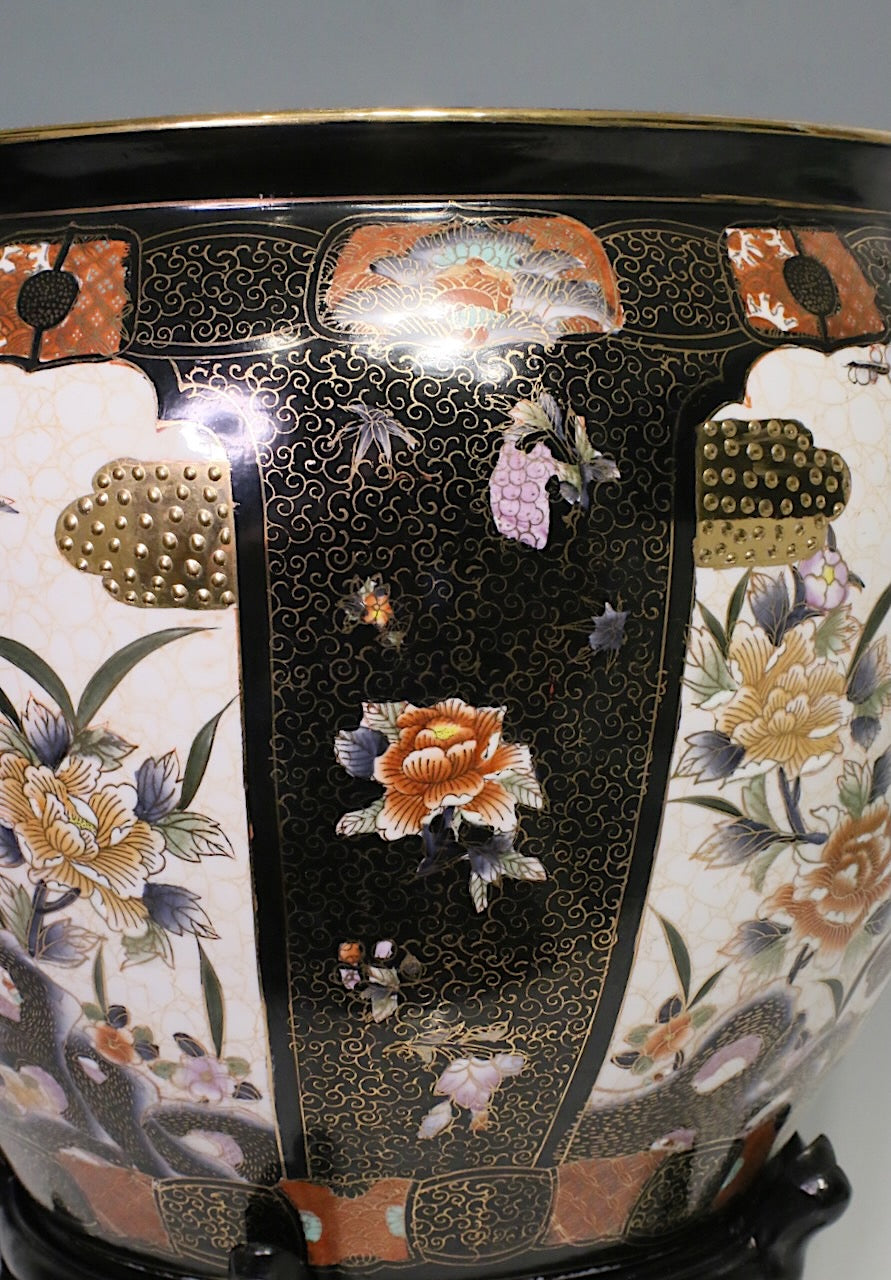 Large Chinese Black, White & Gold Porcelain "Fish Bowl" Planter with Gilt Work, Birds, & Matching Stand