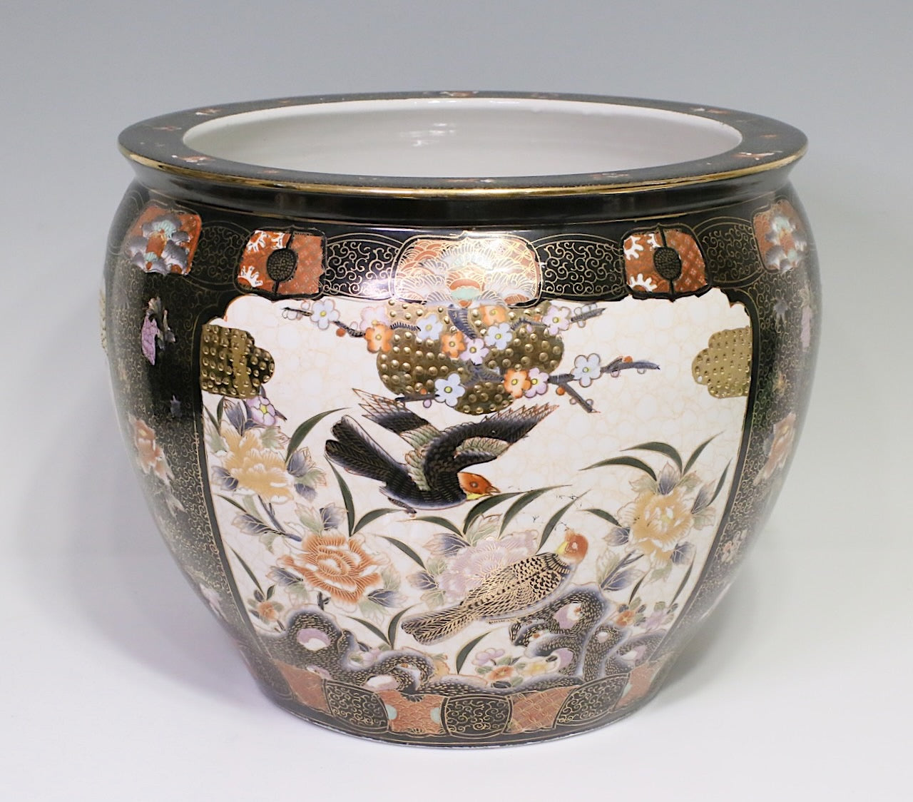 Large Chinese Black, White & Gold Porcelain "Fish Bowl" Planter with Gilt Work, Birds, & Matching Stand