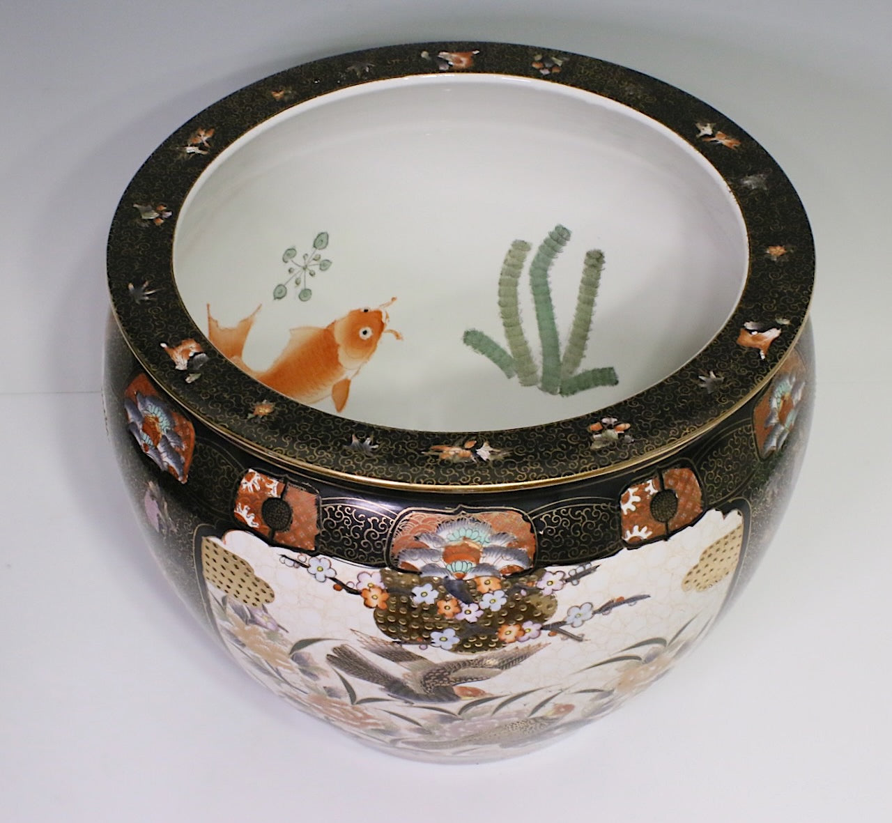 Large Chinese Black, White & Gold Porcelain "Fish Bowl" Planter with Gilt Work, Birds, & Matching Stand