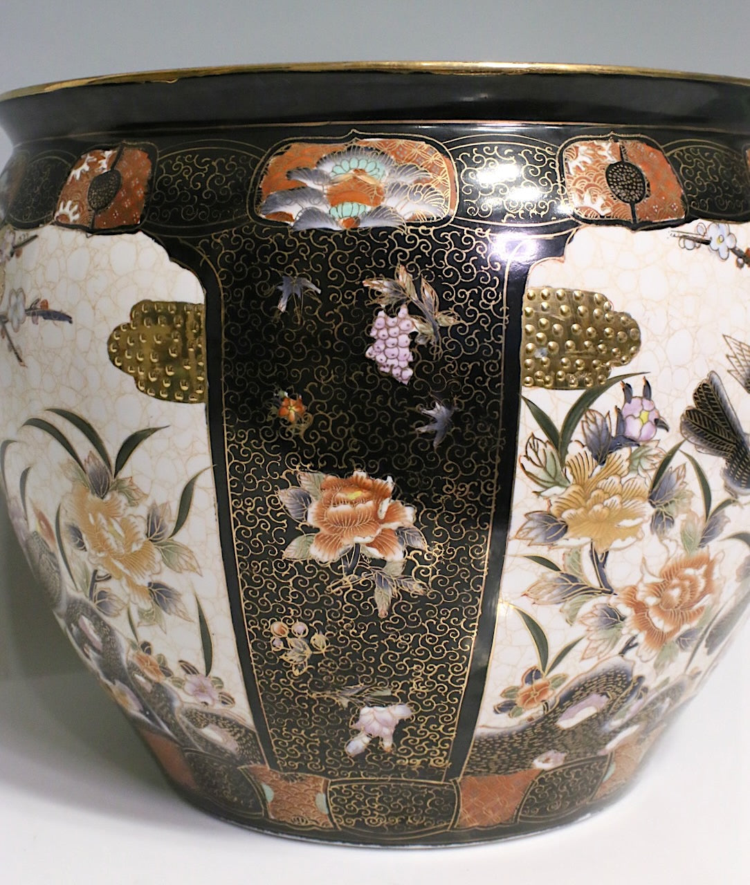 Large Chinese Black, White & Gold Porcelain "Fish Bowl" Planter with Gilt Work, Birds, & Matching Stand