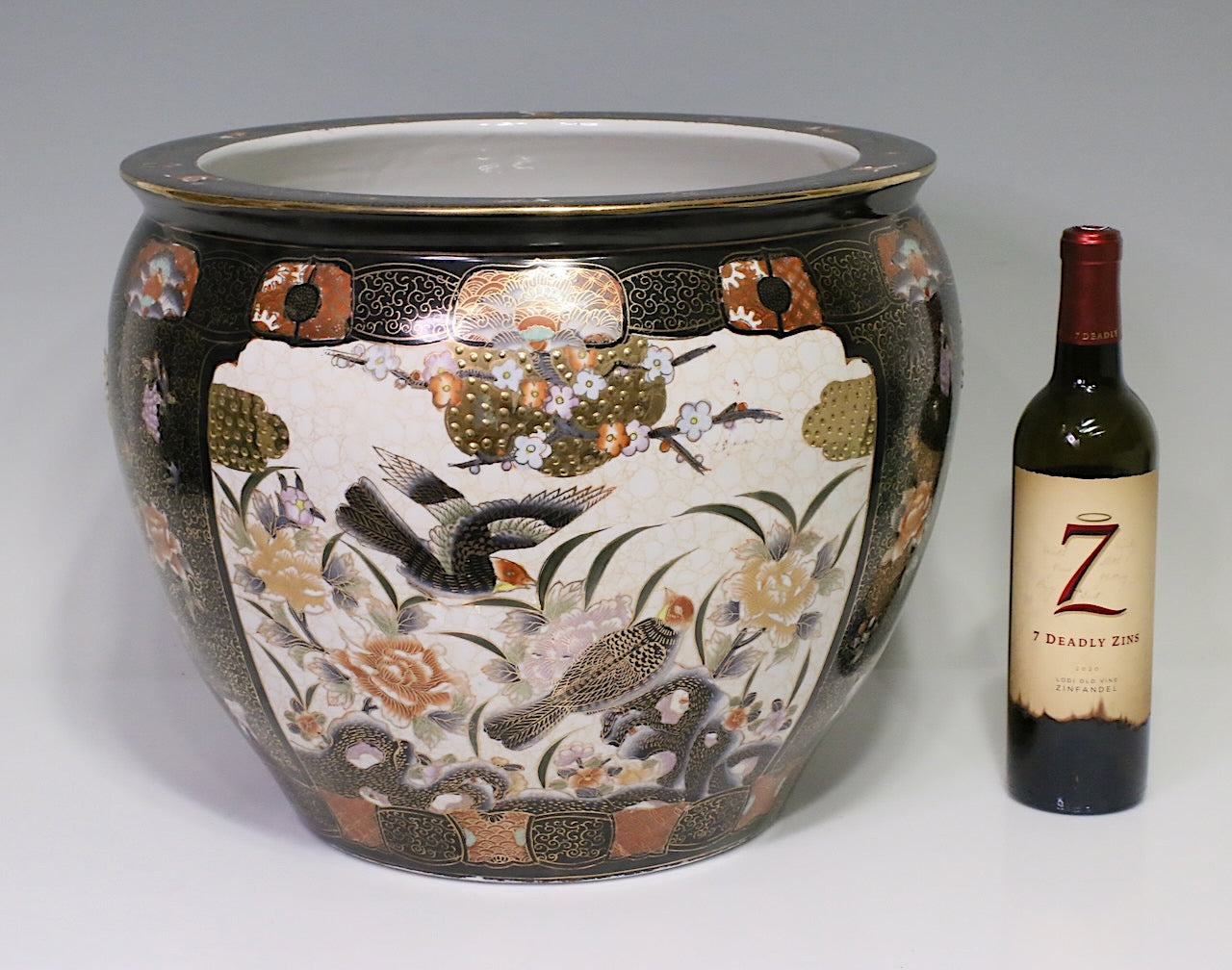 Large Chinese Black, White & Gold Porcelain "Fish Bowl" Planter with Gilt Work, Birds, & Matching Stand