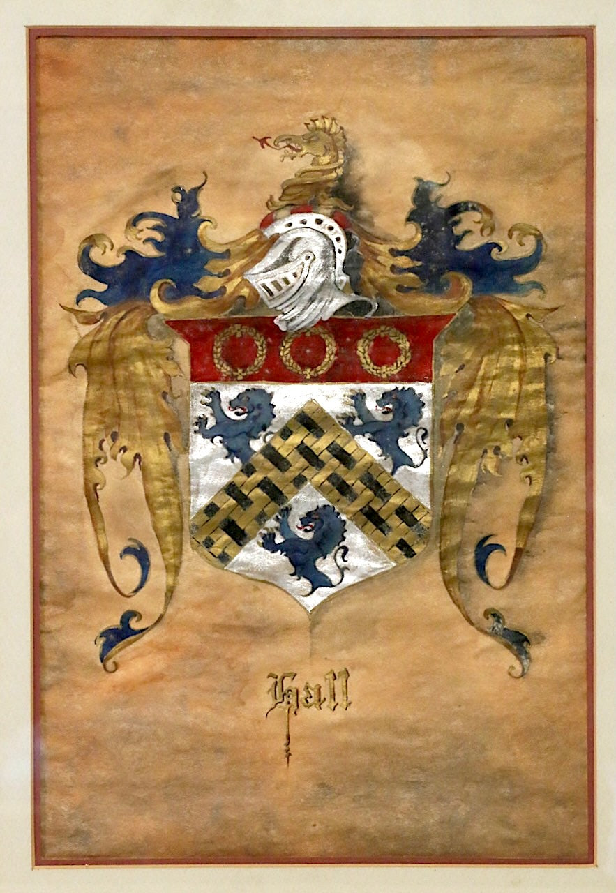 Antique "Hall" Coat of Arms / Family Crest,  Original Gouache Framed Painting on Parchment