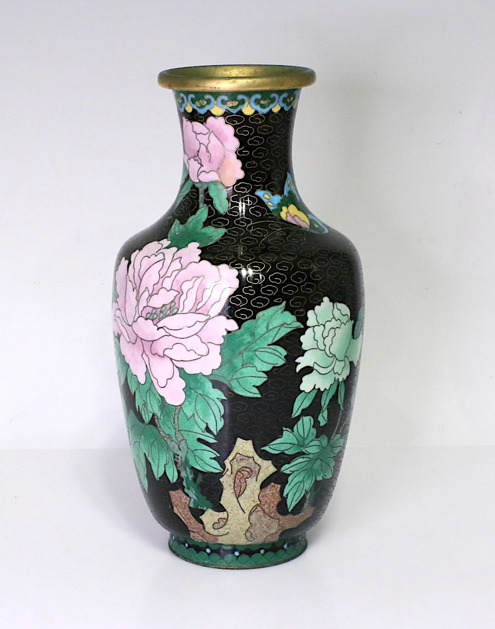 Vintage Chinese Black Cloisonne Vase with Butterflies, Pink & Jade Green Peony Flowers