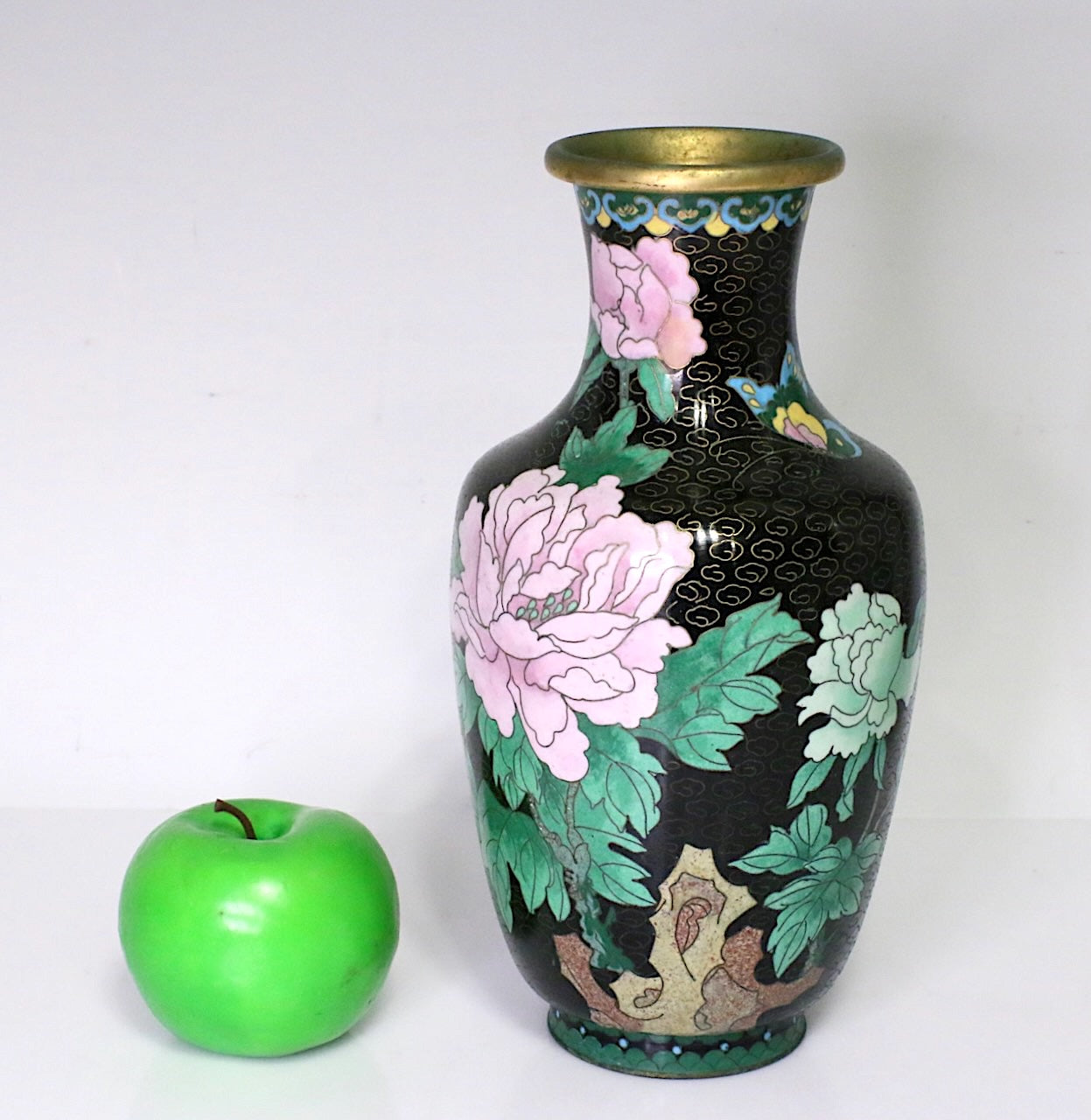 Vintage Chinese Black Cloisonne Vase with Butterflies, Pink & Jade Green Peony Flowers