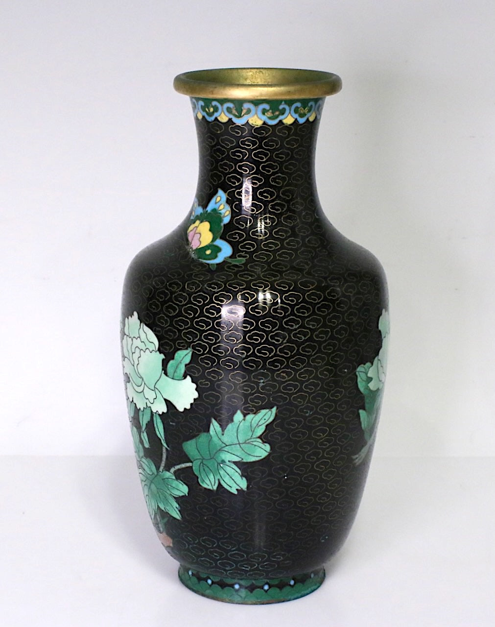 Vintage Chinese Black Cloisonne Vase with Butterflies, Pink & Jade Green Peony Flowers