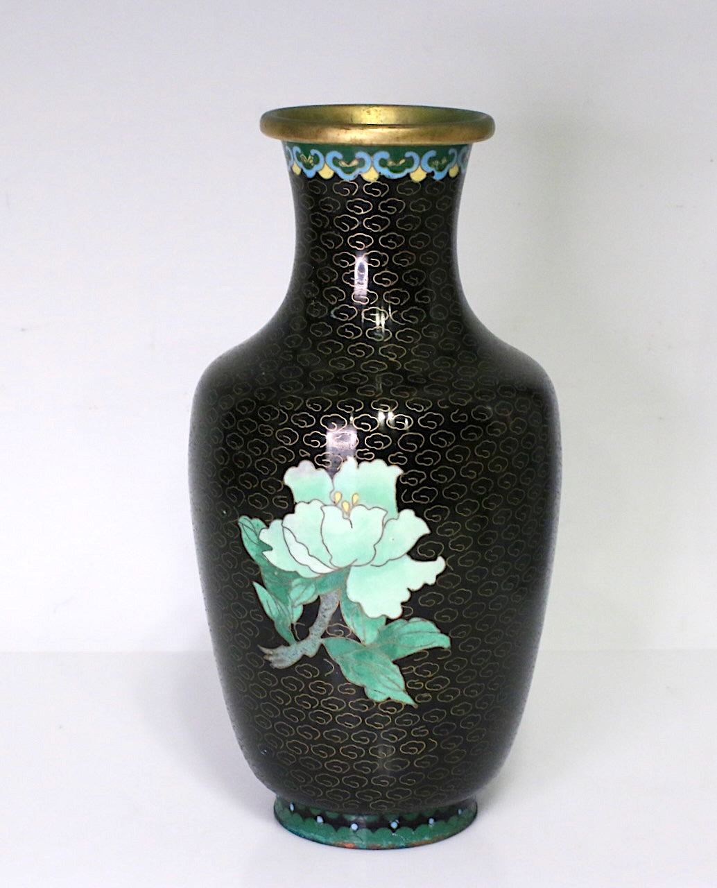 Vintage Chinese Black Cloisonne Vase with Butterflies, Pink & Jade Green Peony Flowers