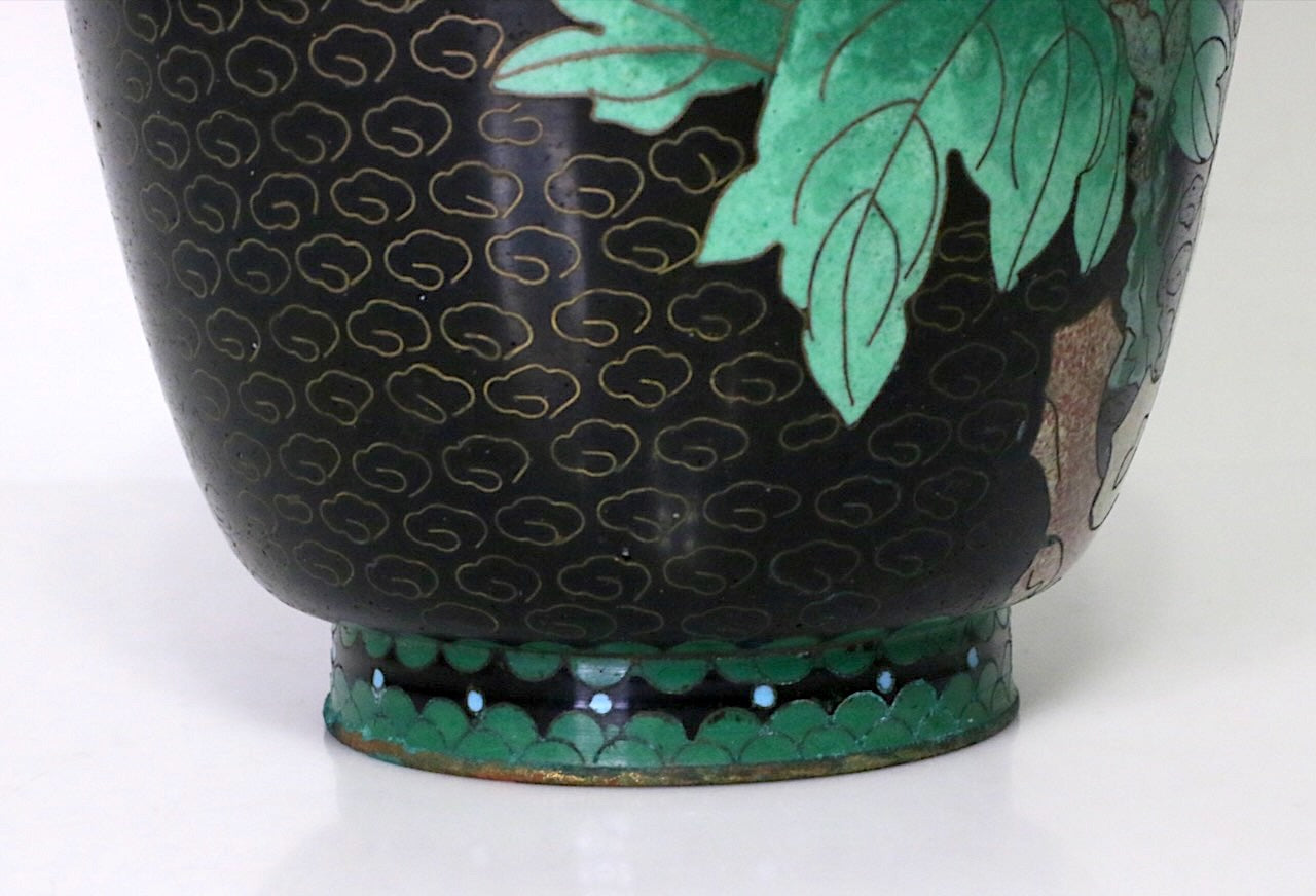 Vintage Chinese Black Cloisonne Vase with Butterflies, Pink & Jade Green Peony Flowers