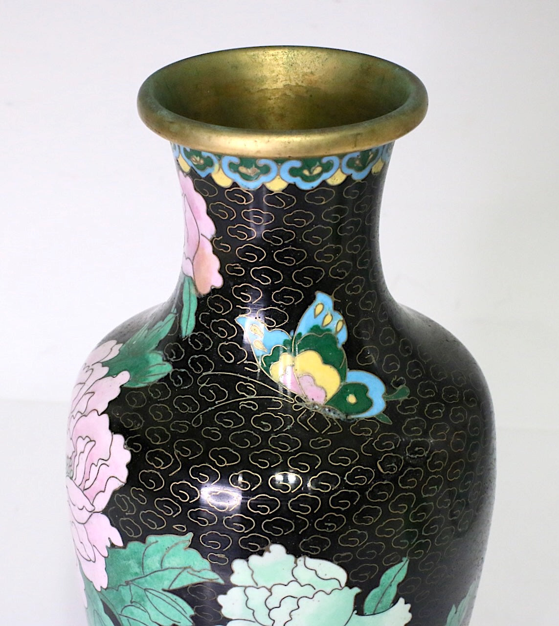 Vintage Chinese Black Cloisonne Vase with Butterflies, Pink & Jade Green Peony Flowers