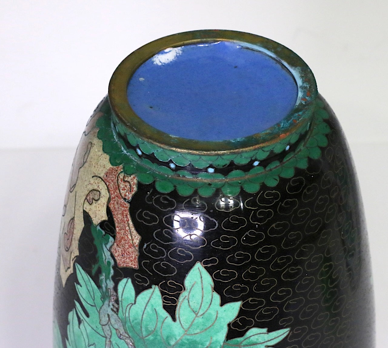 Vintage Chinese Black Cloisonne Vase with Butterflies, Pink & Jade Green Peony Flowers