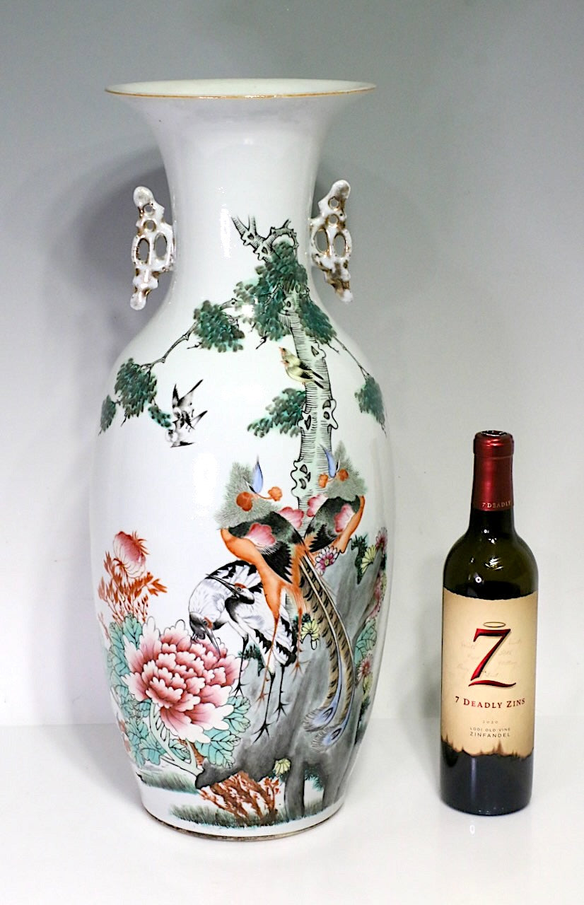 Large Antique Qing Dynasty Chinese Famille Rose White Porcelain Vase With Exotic Birds & Calligraphy