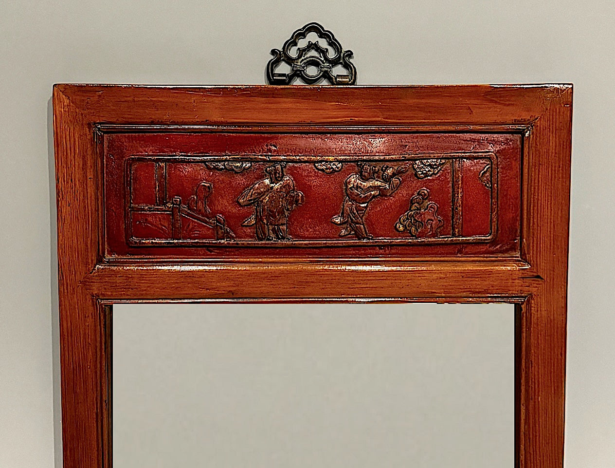 Antique Chinese Pine Wall Mirror With 19th. Century Carved Red Gold Inset Lacquered Panel