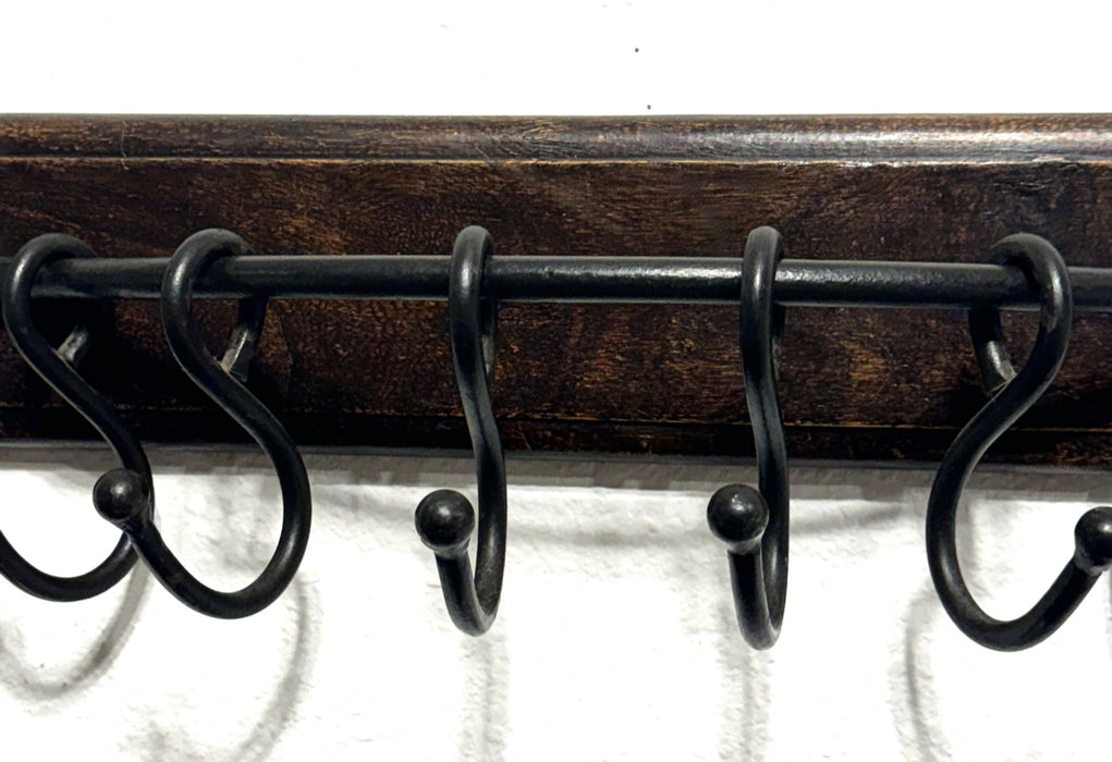 Antique Carved Hardwood & Forged Iron Wall Hook Assembly (Coat and Hat Rack)