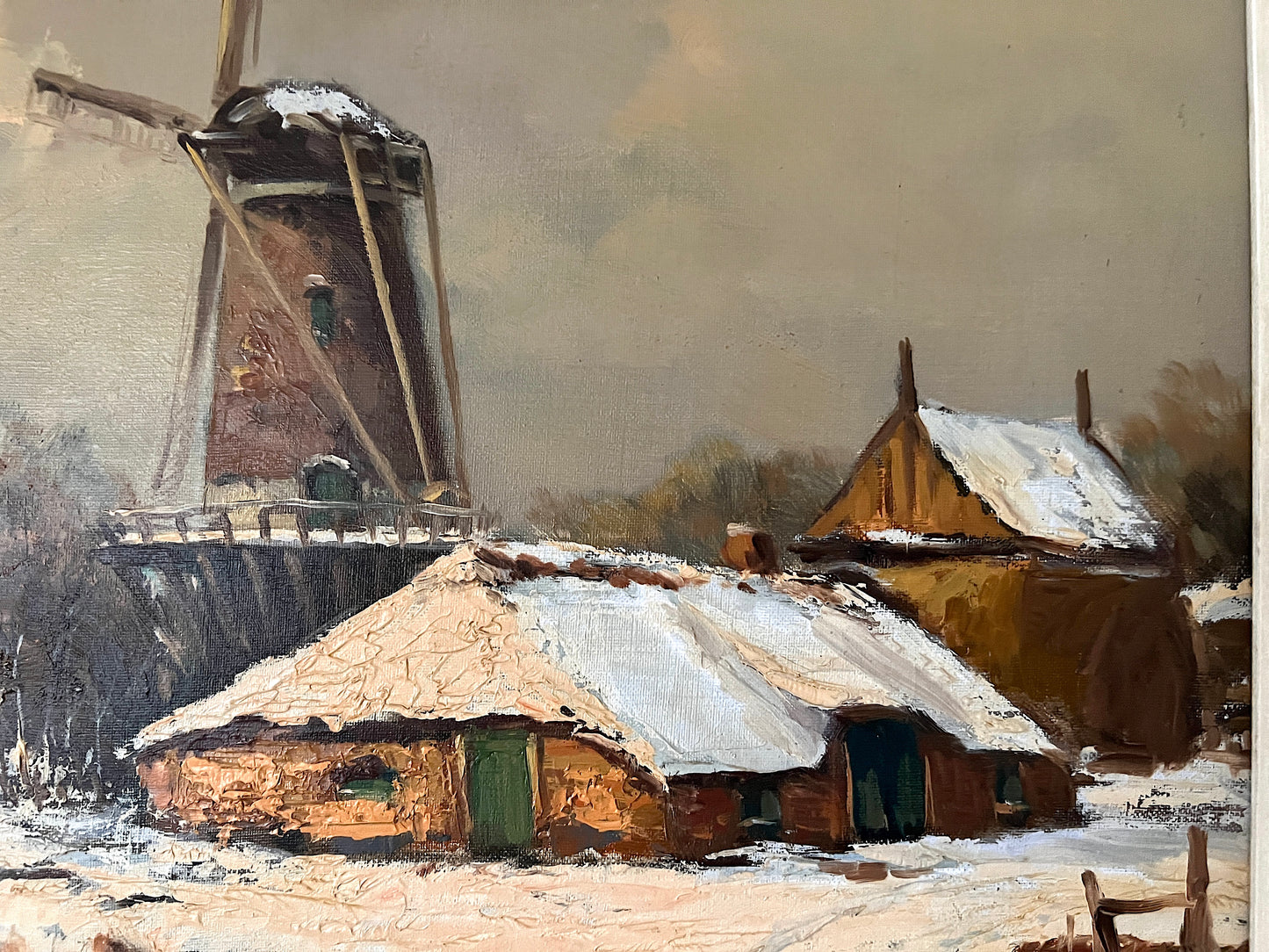 The Dutch Windmill, a Fine Winter Landscape Oil Painting by L. Berends, Framed