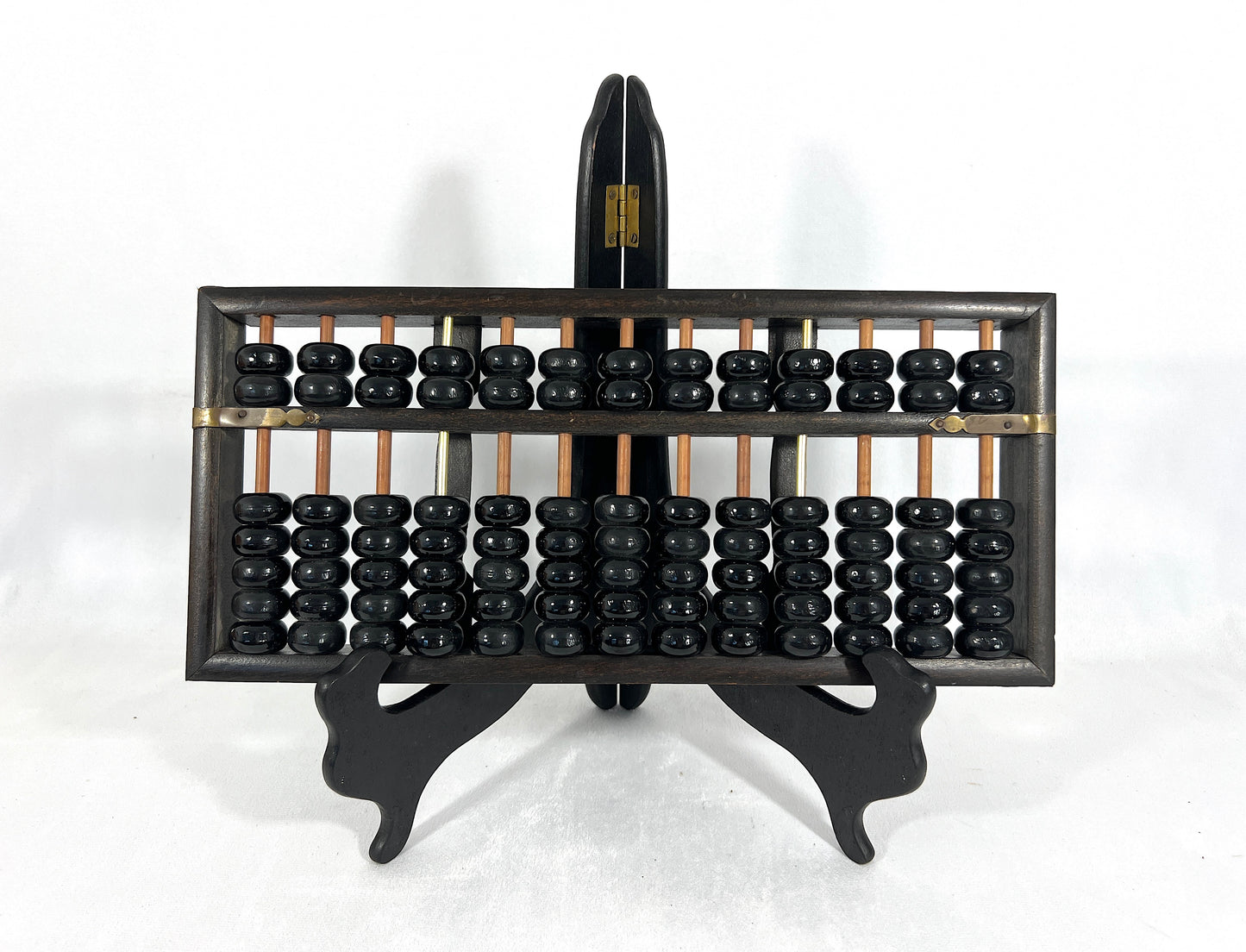 Old Chinese Wood Abacus with Black Glass Beads and Brass Embellishments