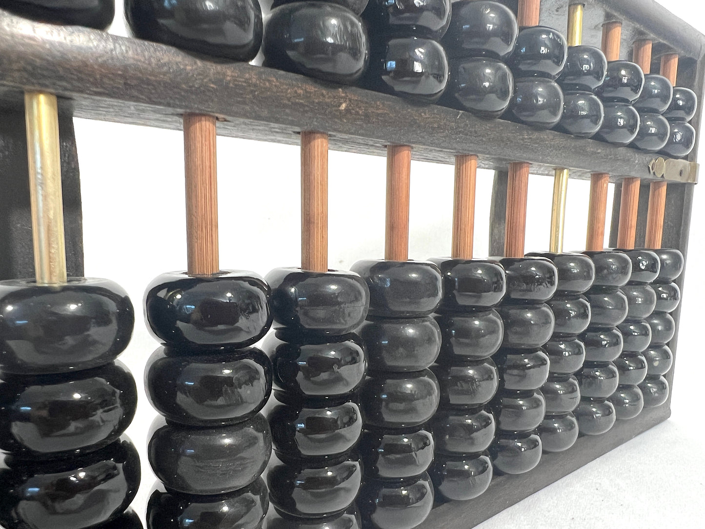 Old Chinese Wood Abacus with Black Glass Beads and Brass Embellishments