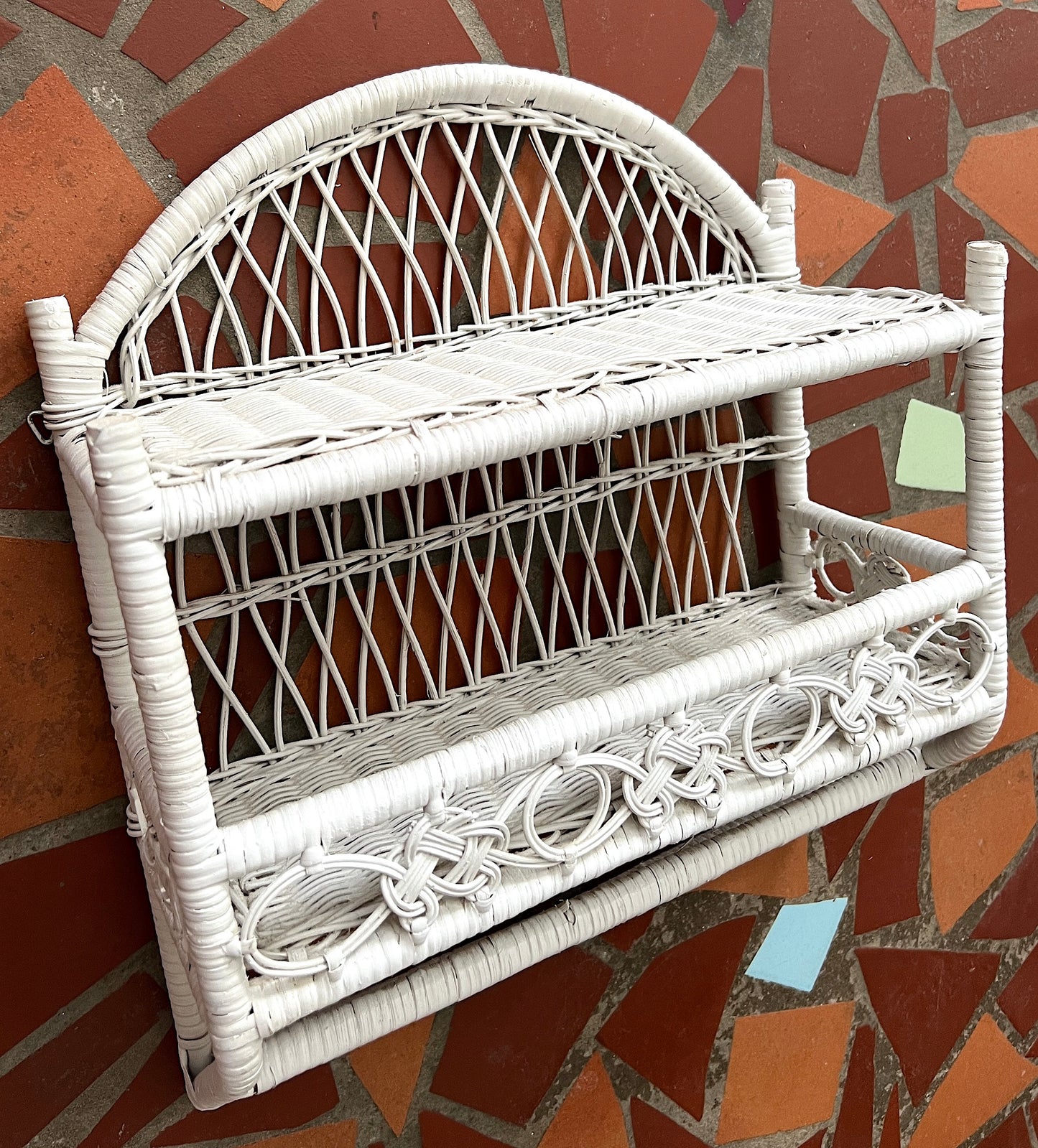 Vintage White Woven Wicker Wall Mounted Shelf Unit or Organiser