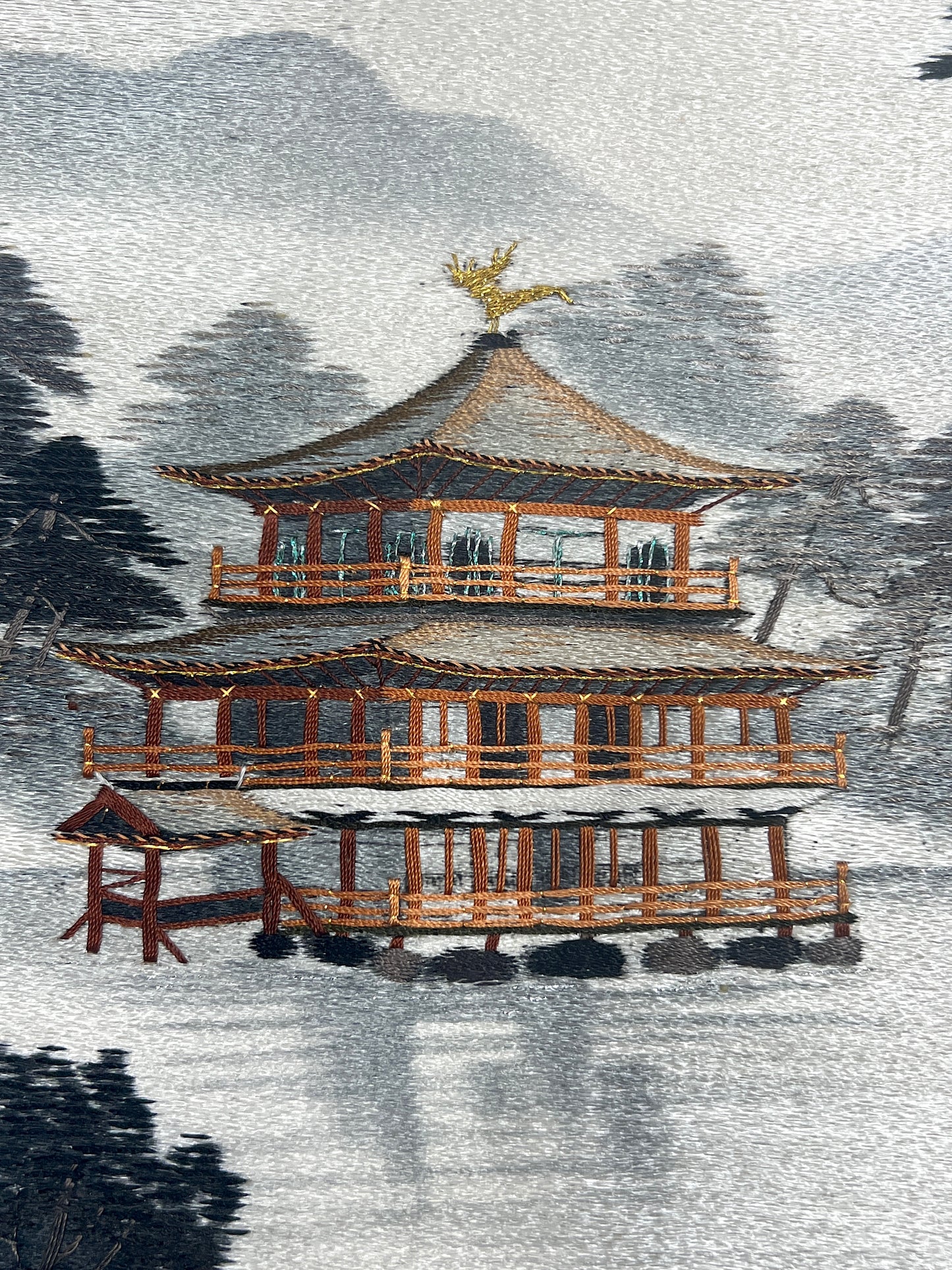 Vintage Shinto Lake Temple, Silver & Gold Thread Silk Embroidered Picture by Shiga Embroidery Co, Japan