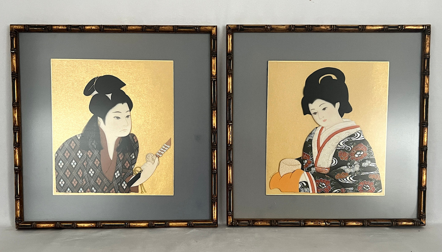 The Geisha and The Samurai, Giltwood Framed Fabric Dimensional Pictures - A Pair, Signed