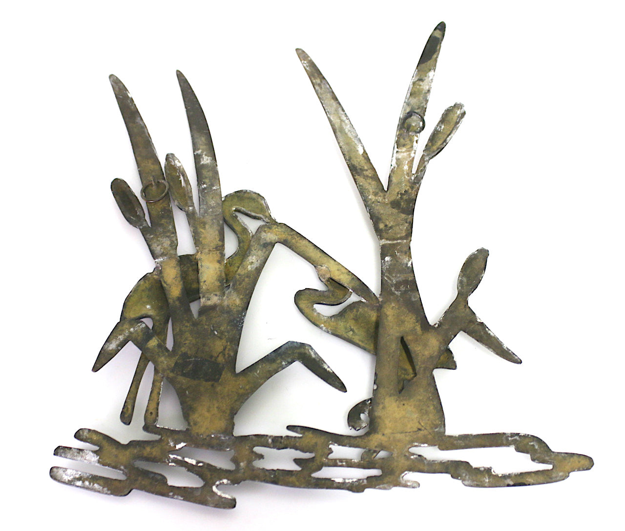 Antique Bronze Wall Sculpture in Prairie School Design - Pair of Cranes Amongst Cattails