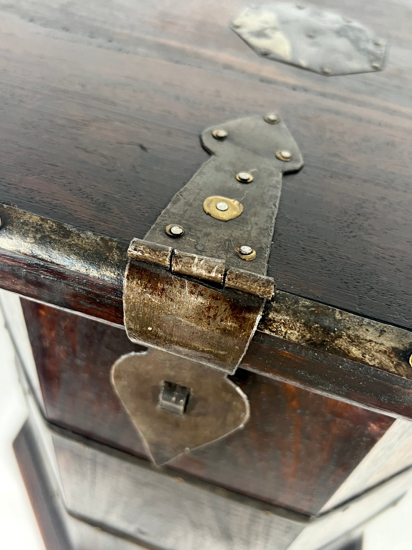 Vintage Iron Banded Dark Brown Wood Hexangonal Chest, Storage Box, or Side Table