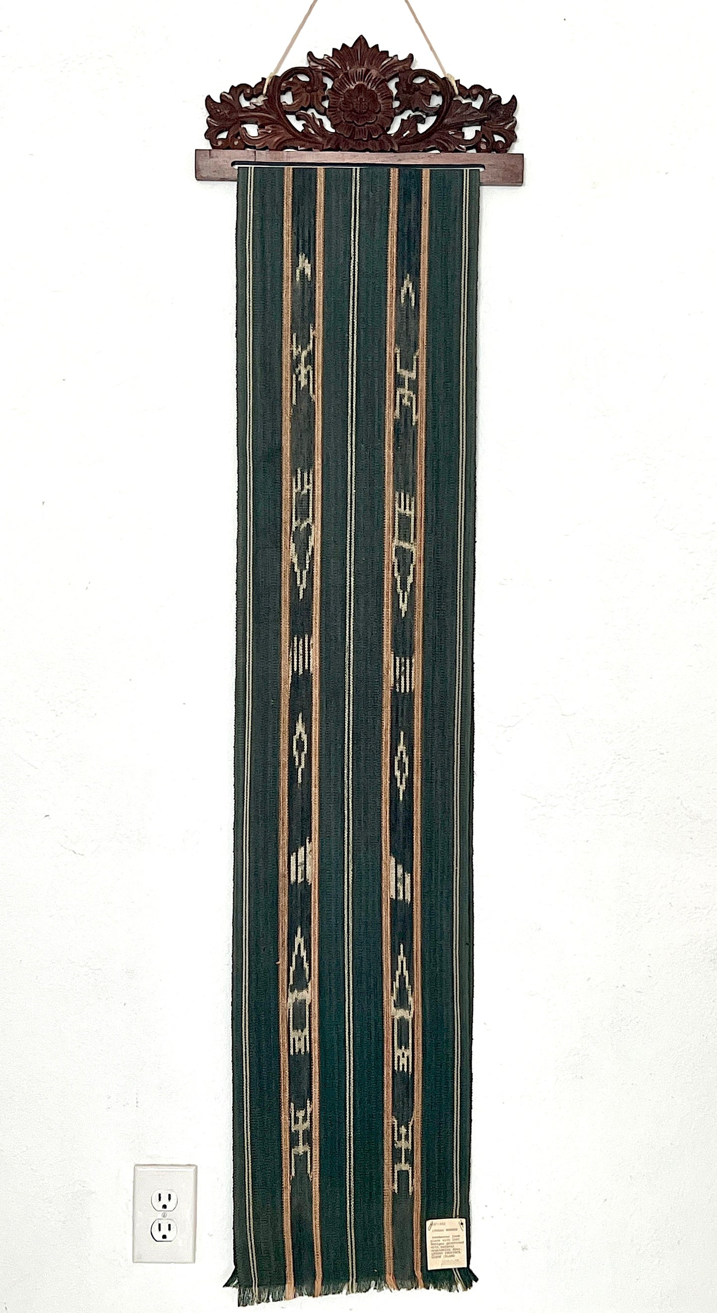 Ifugao Tribal Textile Charcoal Black Ikat Loom Wall Hanging / Runner With Carved Floral Wood Display Hanger, the Philippines