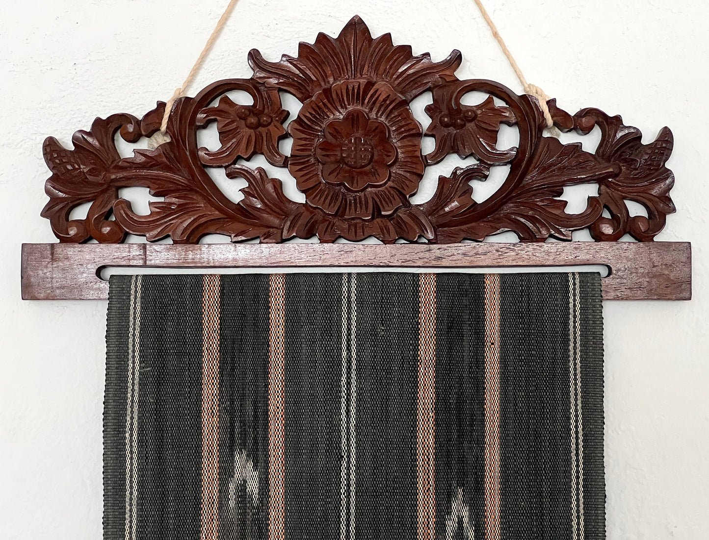 Ifugao Tribal Textile Charcoal Black Ikat Loom Wall Hanging / Runner With Carved Floral Wood Display Hanger, the Philippines