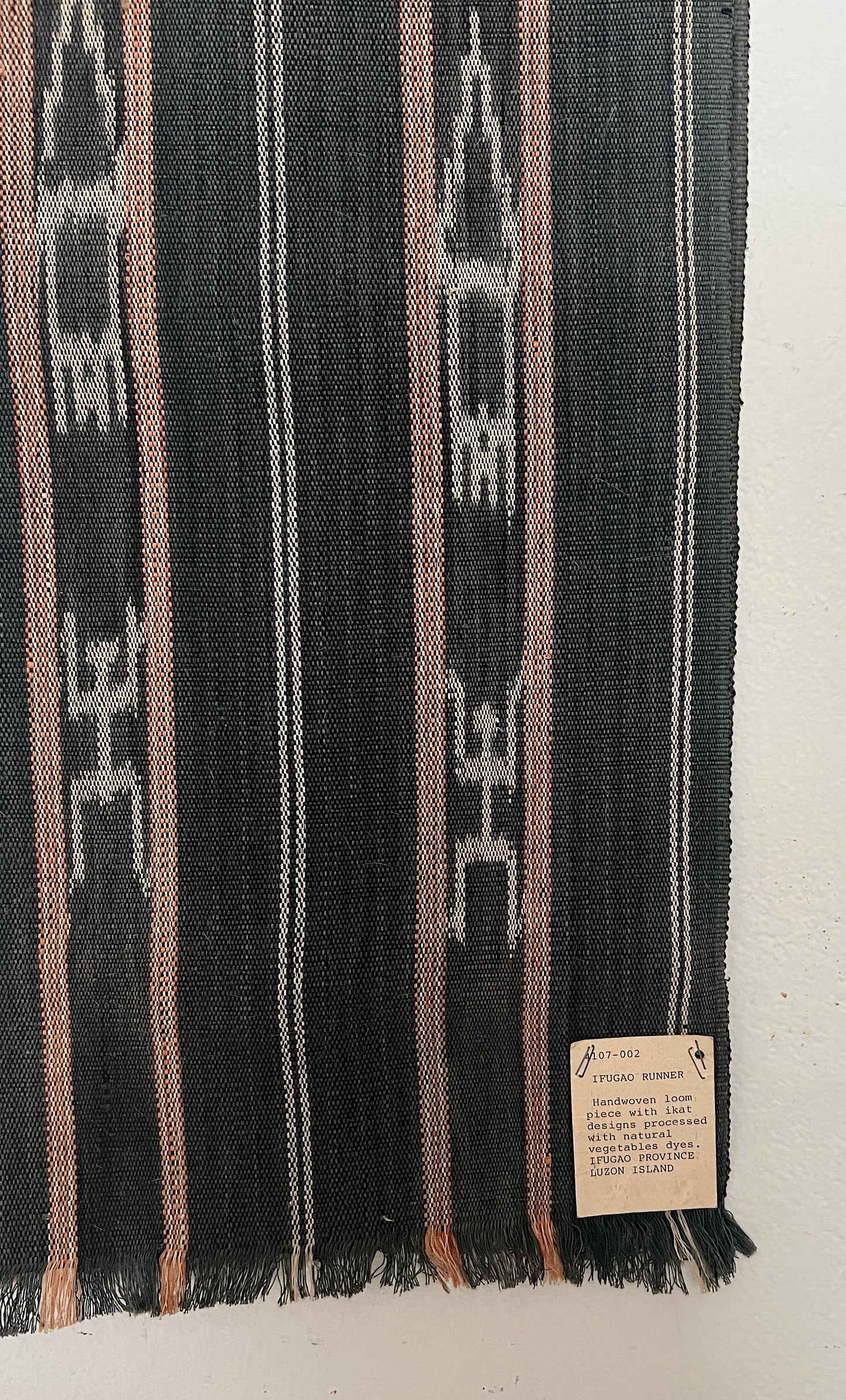 Ifugao Tribal Textile Charcoal Black Ikat Loom Wall Hanging / Runner With Carved Floral Wood Display Hanger, the Philippines