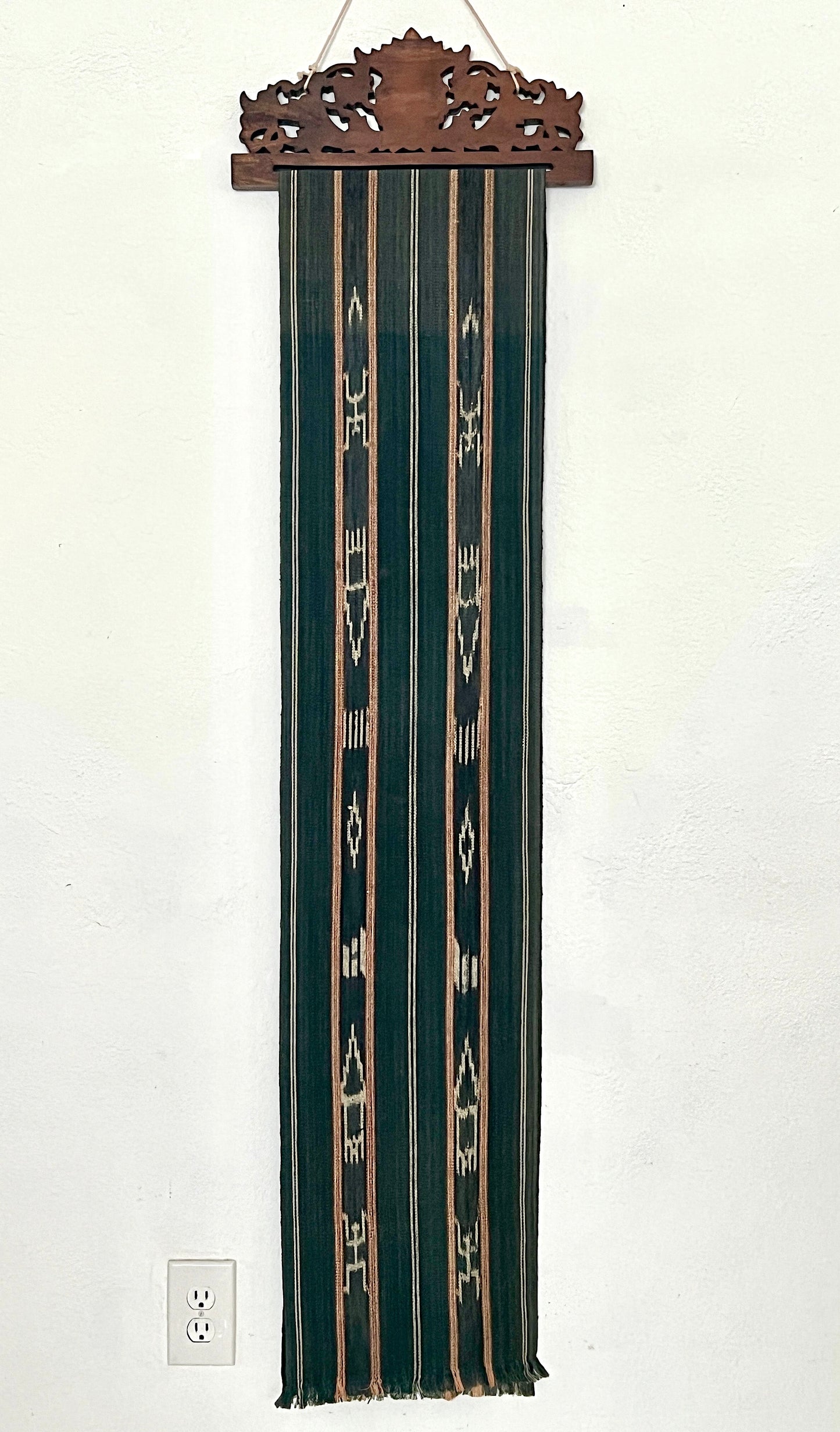 Ifugao Tribal Textile Charcoal Black Ikat Loom Wall Hanging / Runner With Carved Floral Wood Display Hanger, the Philippines