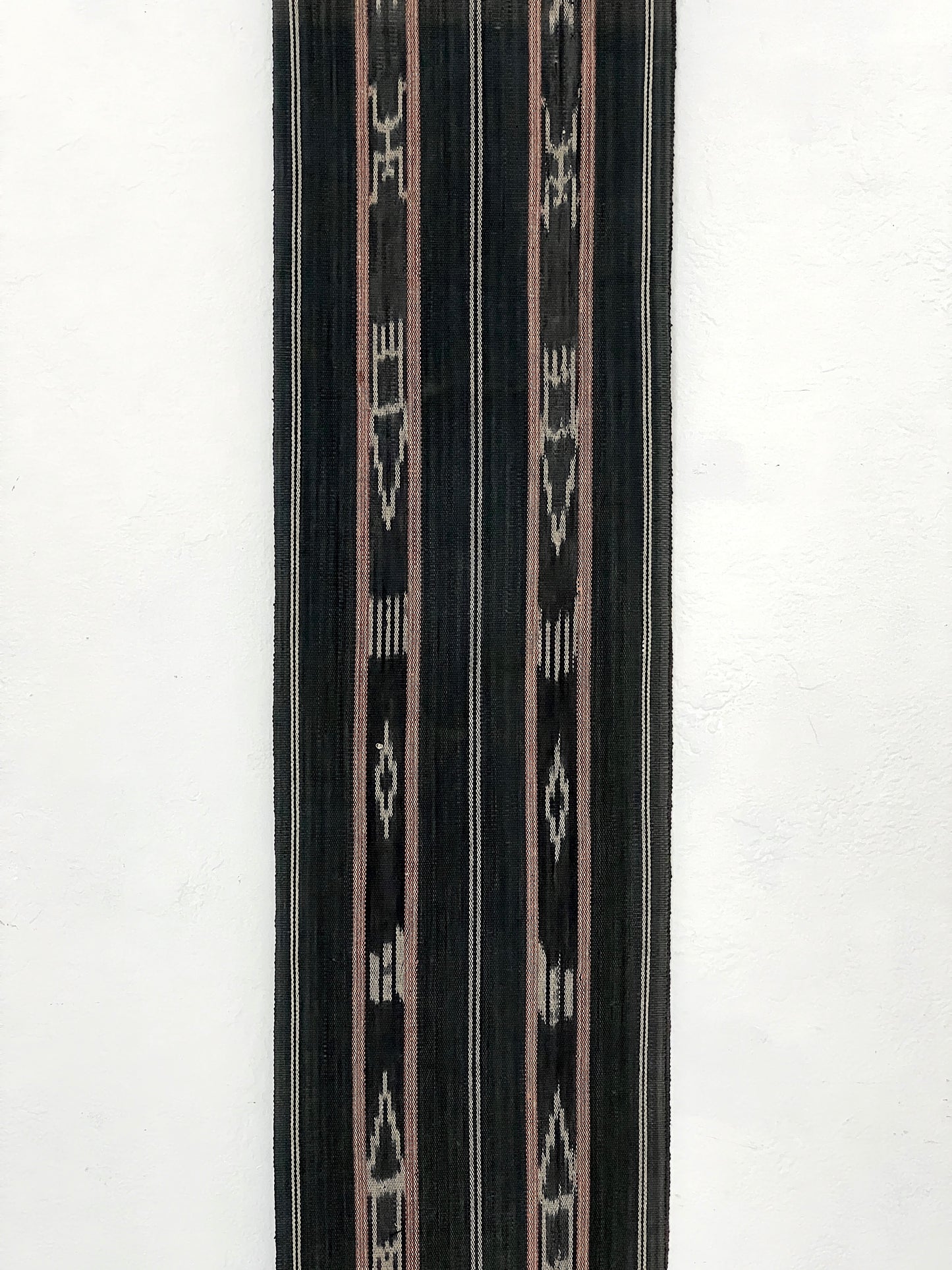 Ifugao Tribal Textile Charcoal Black Ikat Loom Wall Hanging / Runner With Carved Floral Wood Display Hanger, the Philippines