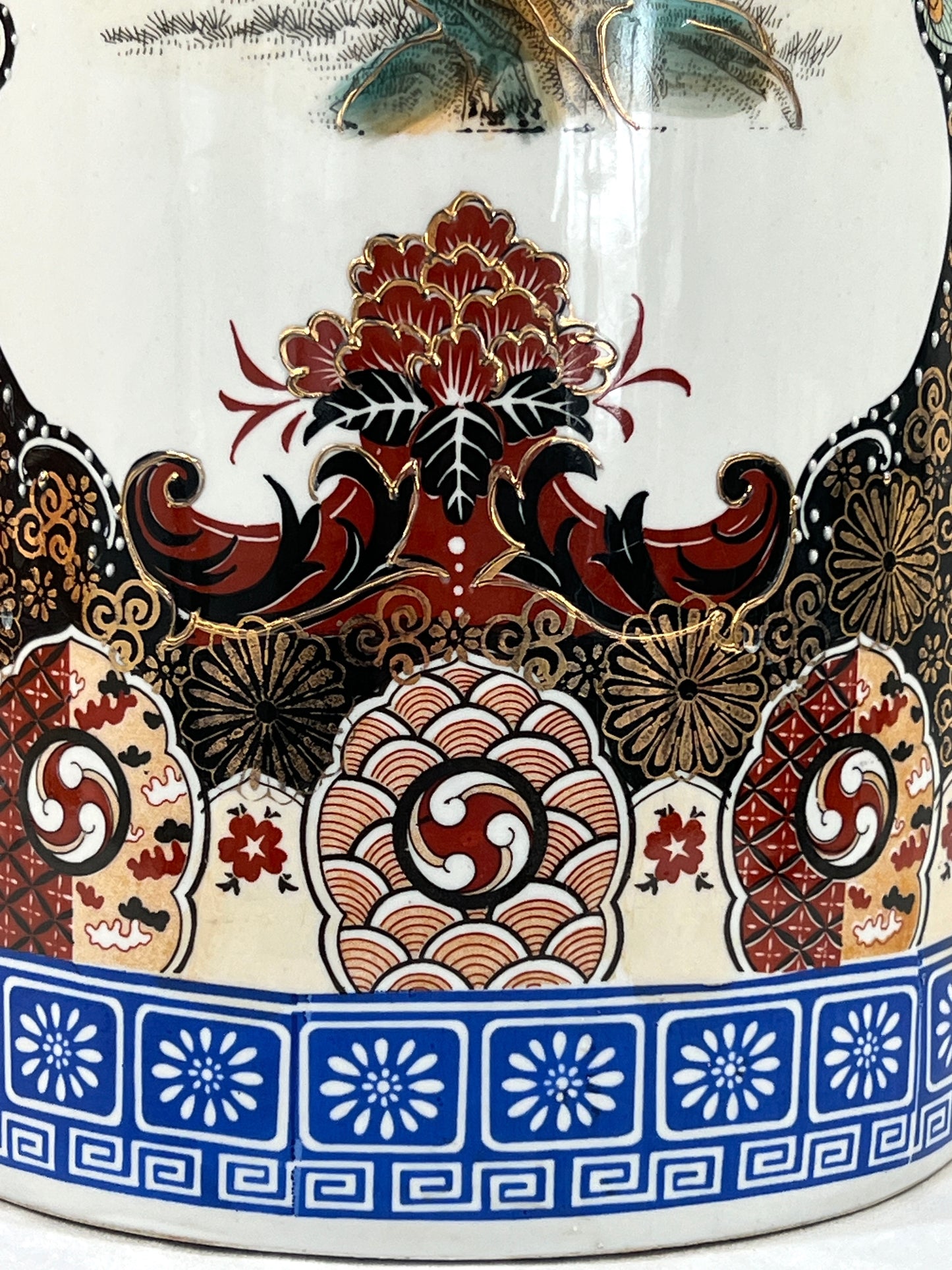 Large Chinese White Porcelain Imari Style Umbrella Stand With Green Peacocks & Floral Scenes