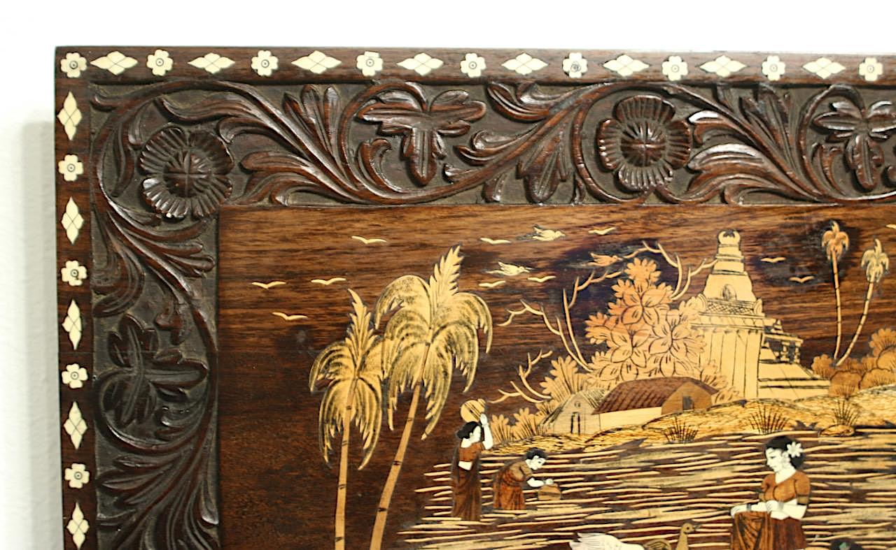 Large Antique Indian Carved & Marquetry Scenic Rosewood Wall Panel / Coffee Table Top / Wall Hanging