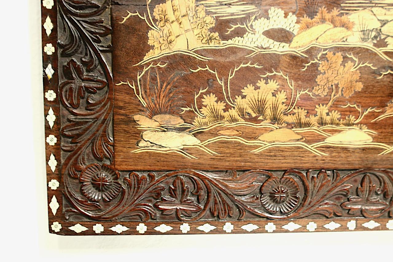 Large Antique Indian Carved & Marquetry Scenic Rosewood Wall Panel / Coffee Table Top / Wall Hanging