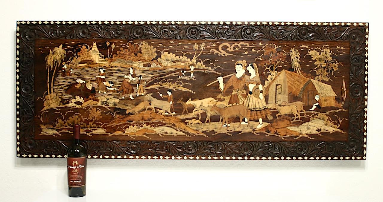 Large Antique Indian Carved & Marquetry Scenic Rosewood Wall Panel / Coffee Table Top / Wall Hanging