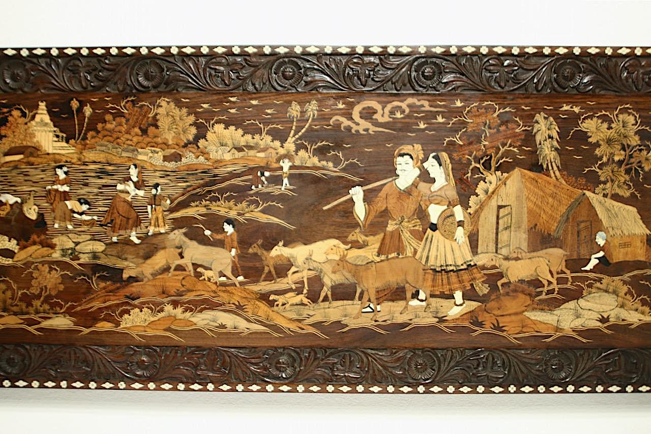 Large Antique Indian Carved & Marquetry Scenic Rosewood Wall Panel / Coffee Table Top / Wall Hanging