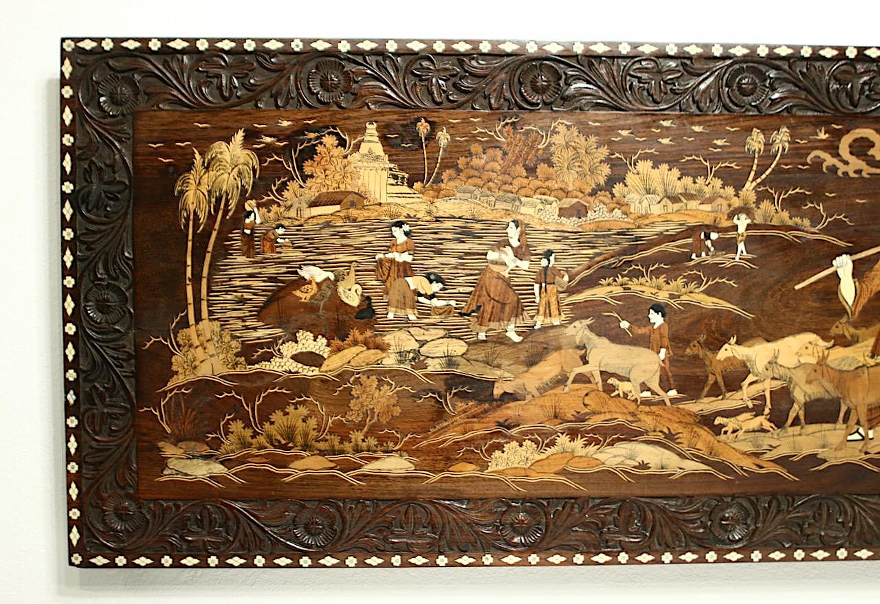 Large Antique Indian Carved & Marquetry Scenic Rosewood Wall Panel / Coffee Table Top / Wall Hanging