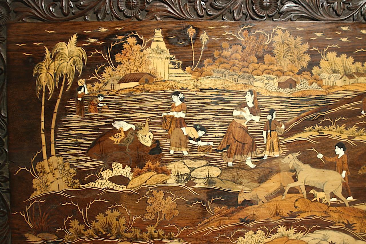 Large Antique Indian Carved & Marquetry Scenic Rosewood Wall Panel / Coffee Table Top / Wall Hanging