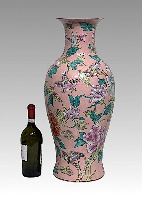 Large Scale Chinese (Macau) Pink Floor Vase With Enamelled Birds & Flowers