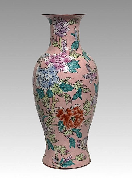 Large Scale Chinese (Macau) Pink Floor Vase With Enamelled Birds & Flowers