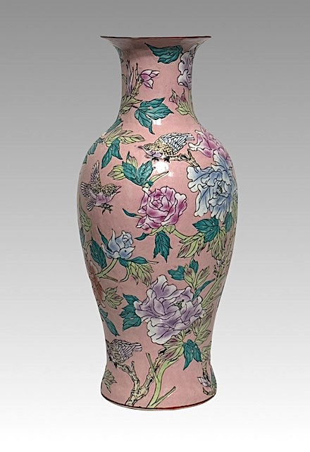 Large Scale Chinese (Macau) Pink Floor Vase With Enamelled Birds & Flowers