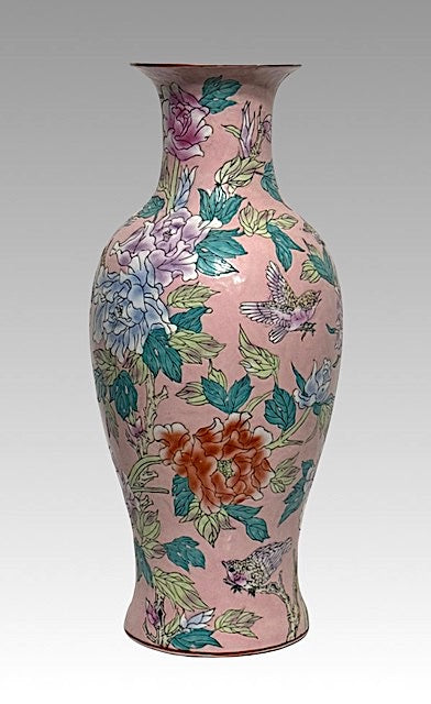 Large Scale Chinese (Macau) Pink Floor Vase With Enamelled Birds & Flowers