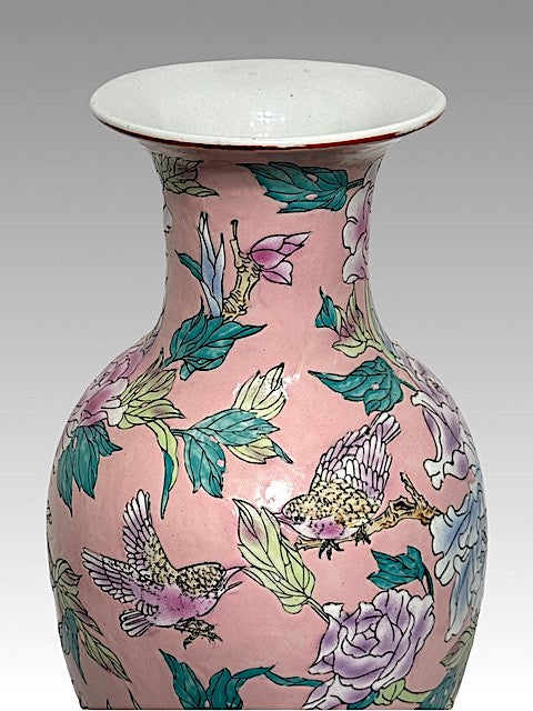 Large Scale Chinese (Macau) Pink Floor Vase With Enamelled Birds & Flowers