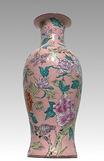 Large Scale Chinese (Macau) Pink Floor Vase With Enamelled Birds & Flowers