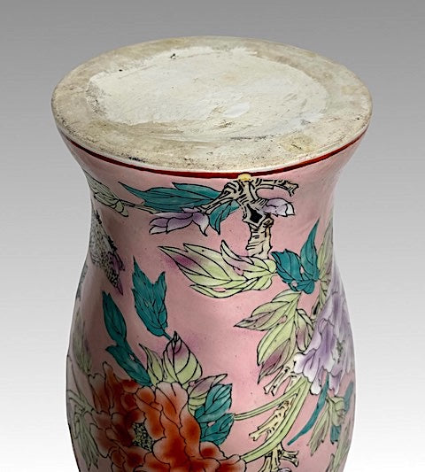 Large Scale Chinese (Macau) Pink Floor Vase With Enamelled Birds & Flowers